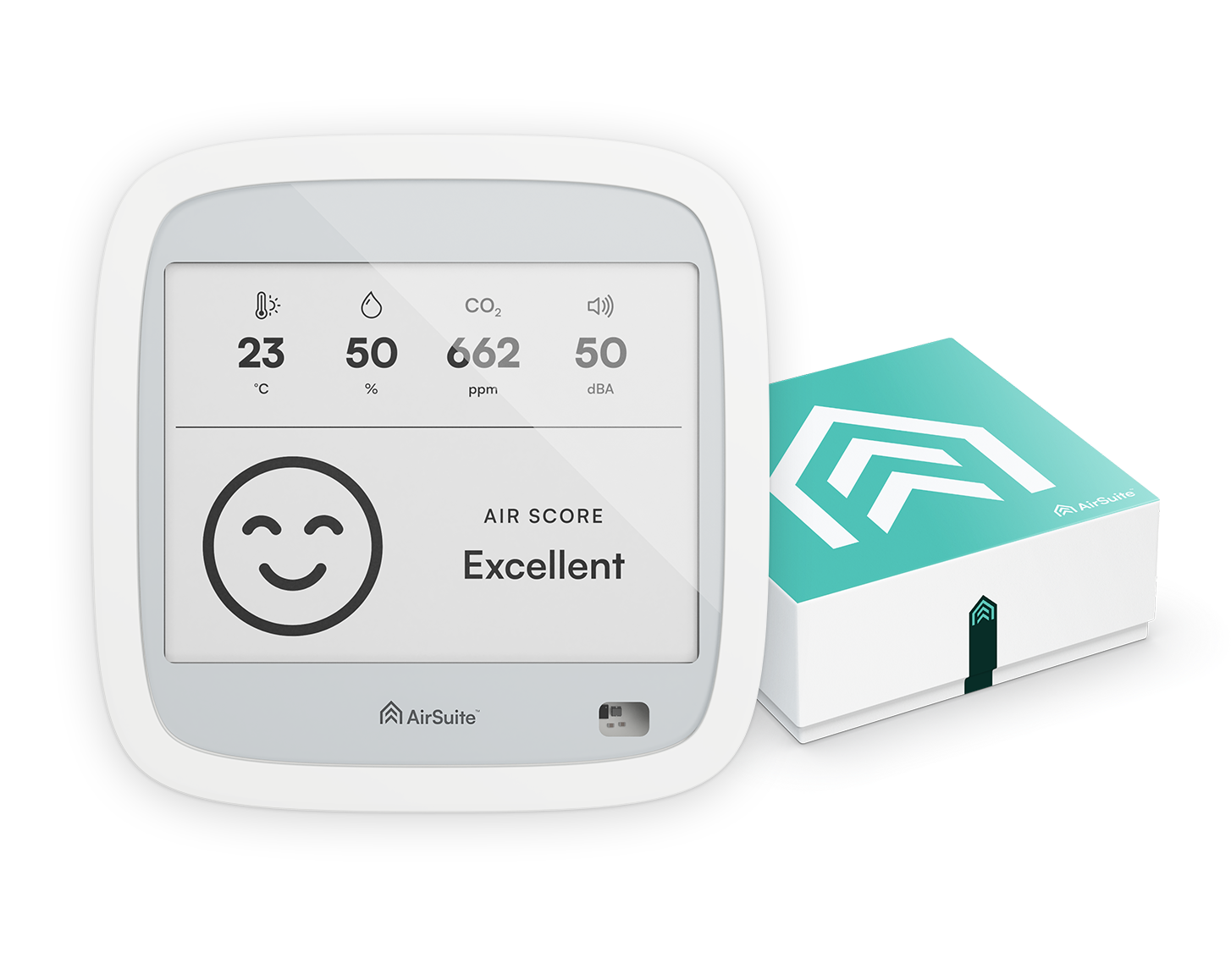 An AirSuite Glance sensor next to its packaging