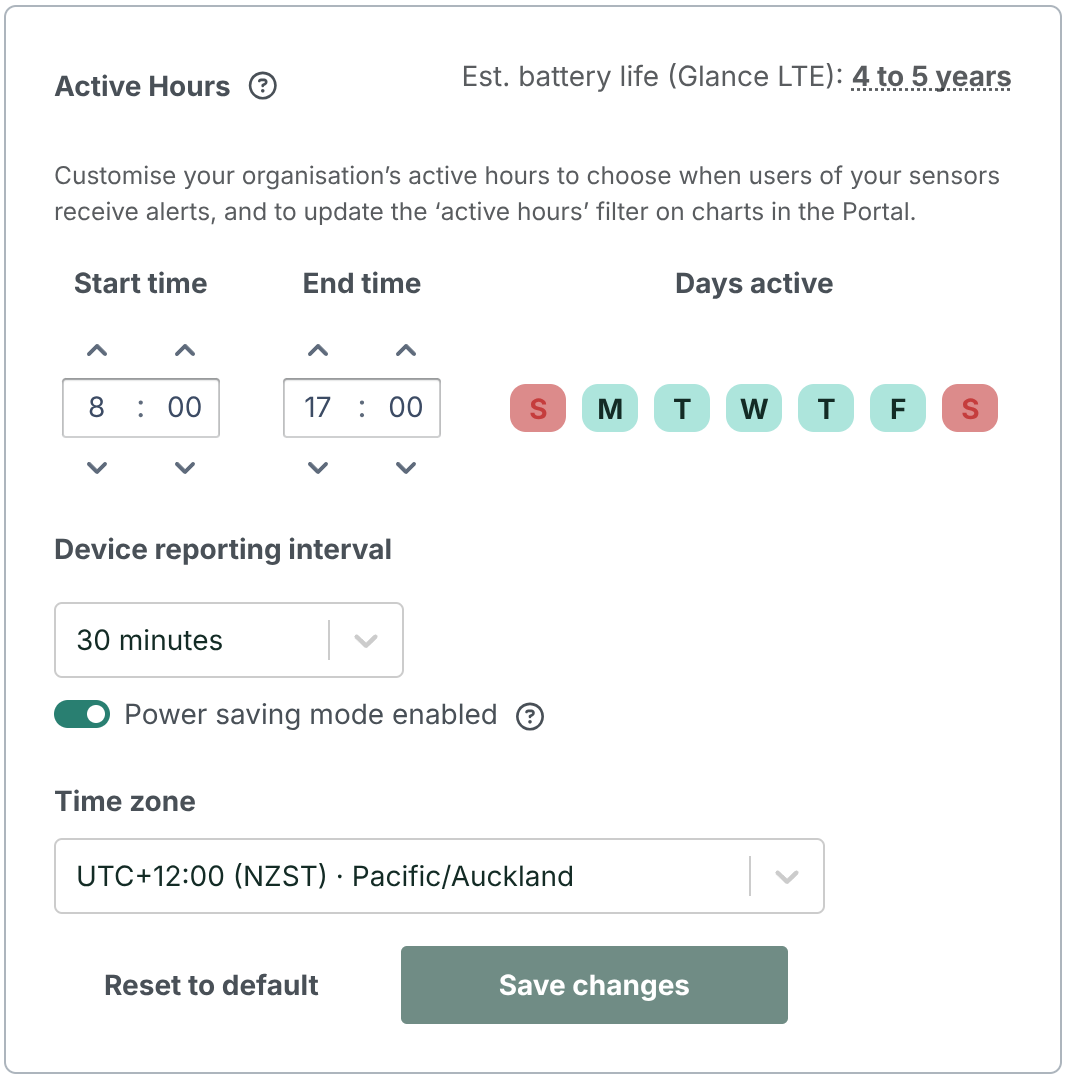 Screenshot of customising the active hours and reporting interval for AirSuite LTE sensors