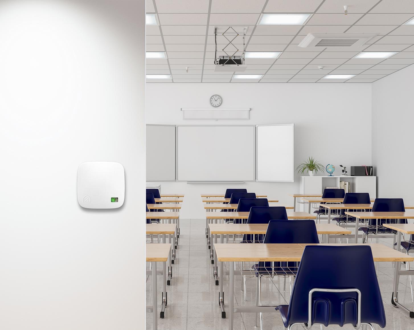 An AirSuite sensor on the wall of a classroom