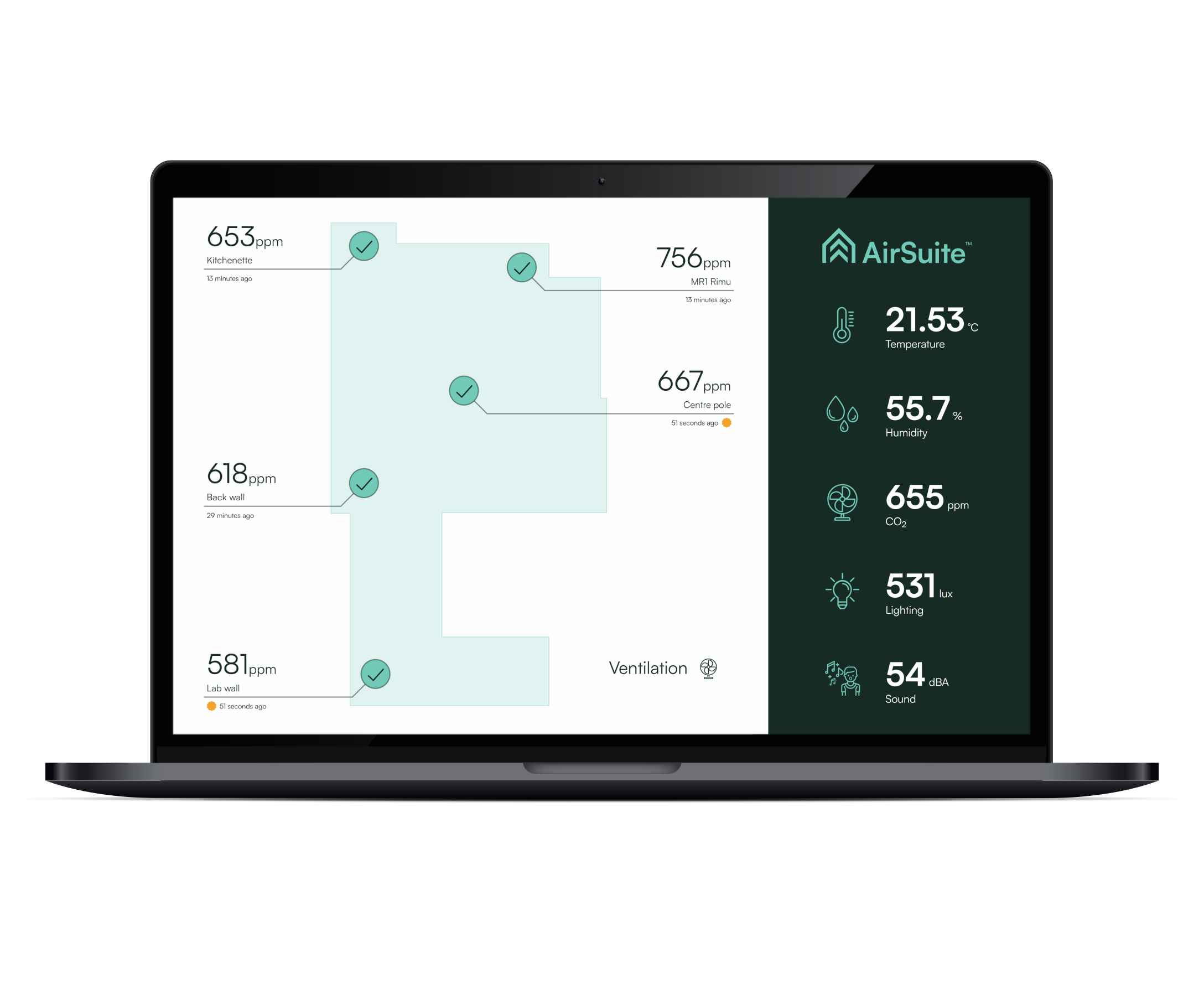Sensors dotted around the AirSuite office floorplan, displayed on a dashboard on a laptop