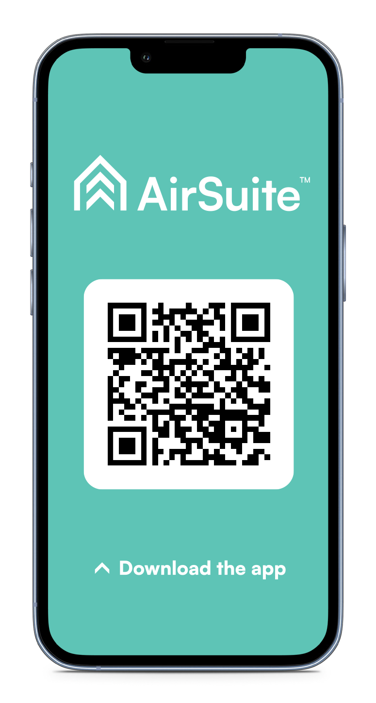 A phone displaying a QR code that links to the AirSuite Monitor App download