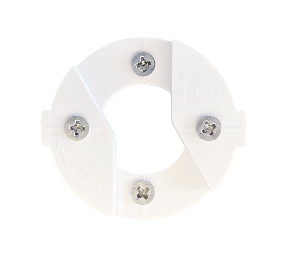 A mounting bracket screwed to a wall, with dashed lines showing that the tabs on either side are horizontally level