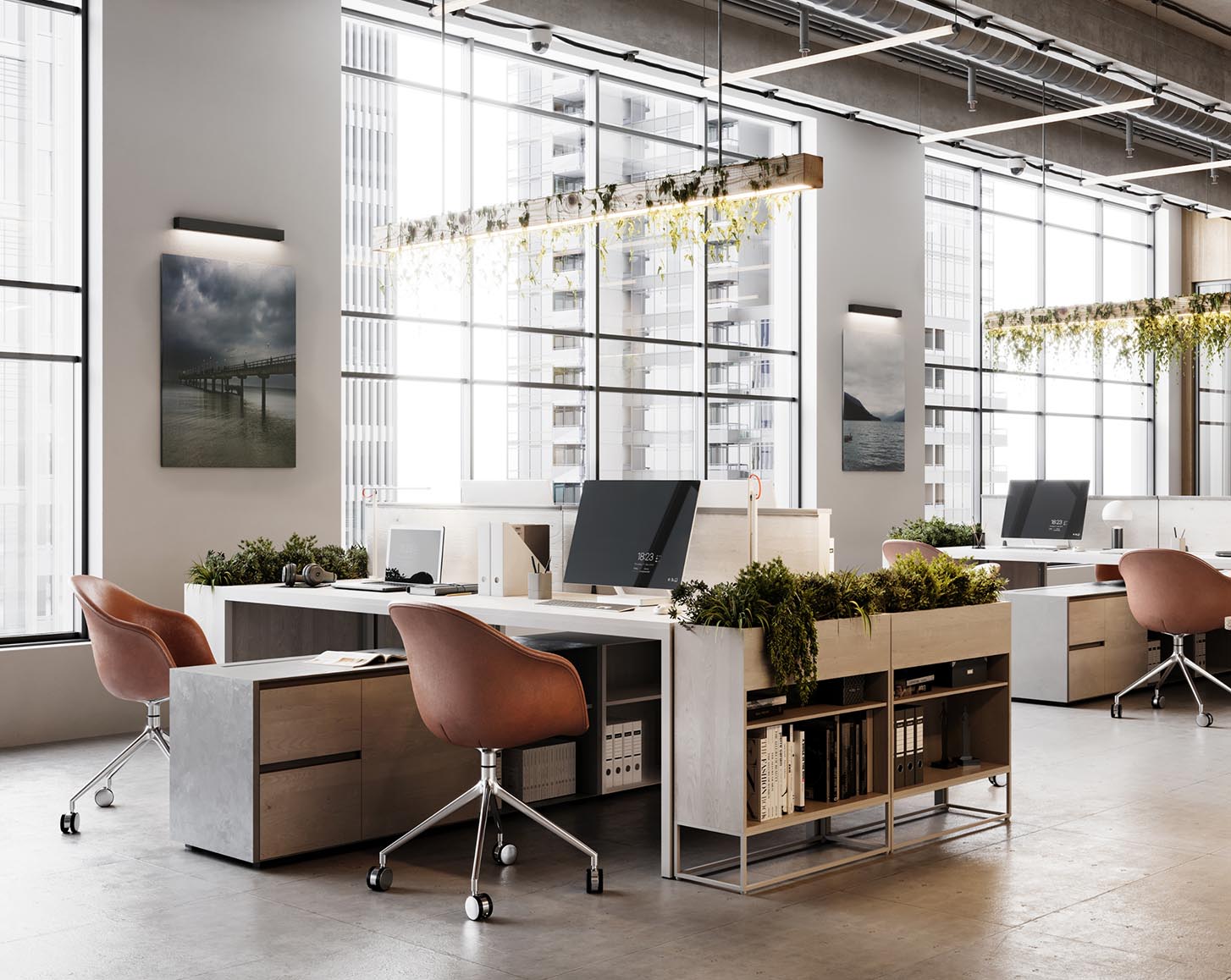A modern office with tall windows and plants suspended from the ceiling